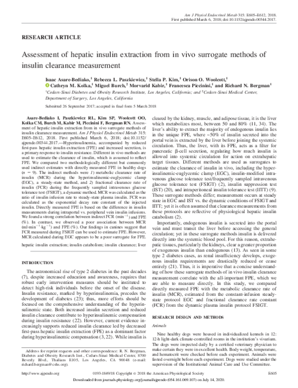 (PDF) Assessment of hepatic insulin extraction from in vivo surrogate ...