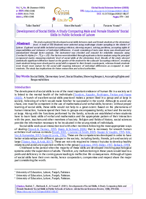 (PDF) Development of Social Skills: A Study Comparing Male and Female ...