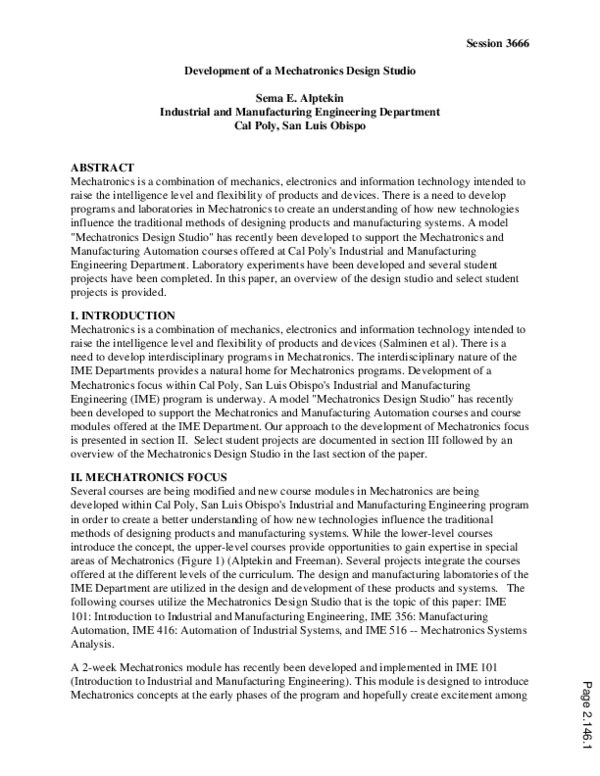 (PDF) Development Of A Mechatronics Design Studio