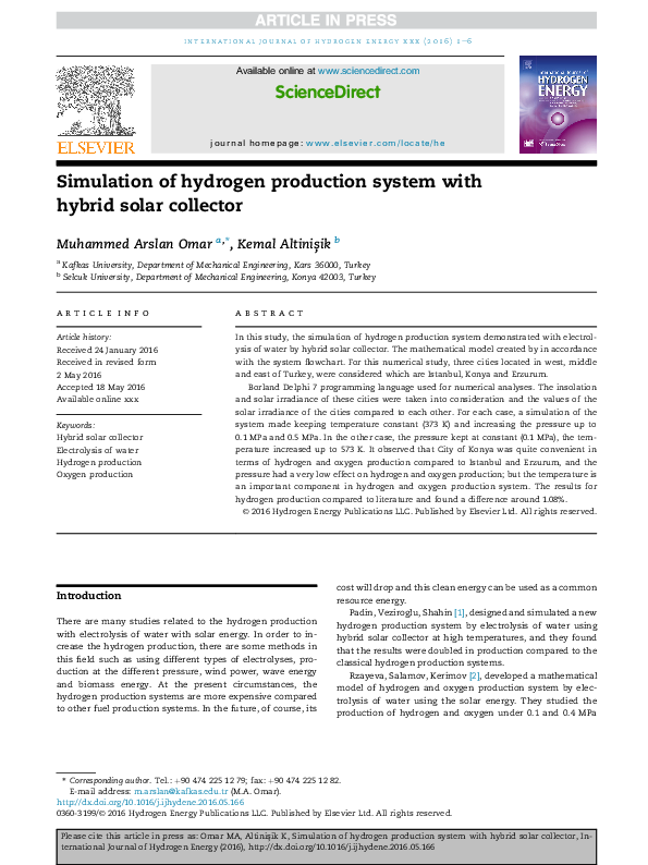 (PDF) Simulation of hydrogen production system with hybrid solar collector