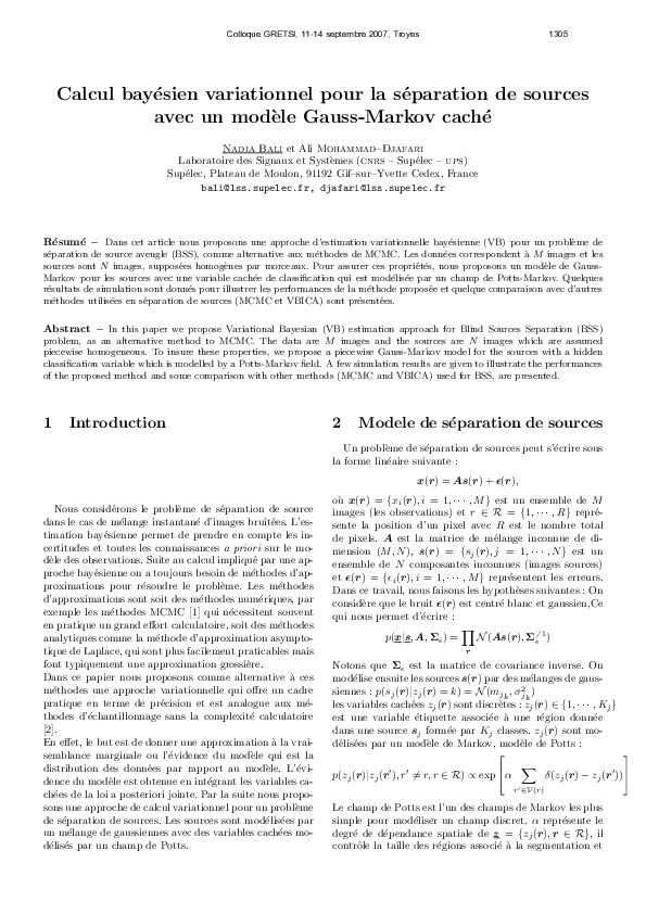 (PDF) Calcul bayésien variationnel pour la séparation de sources avec ...