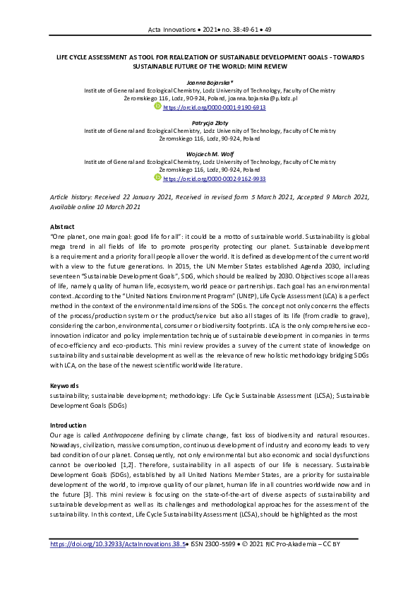 (PDF) Life cycle assessment as tool for realization of sustainable ...