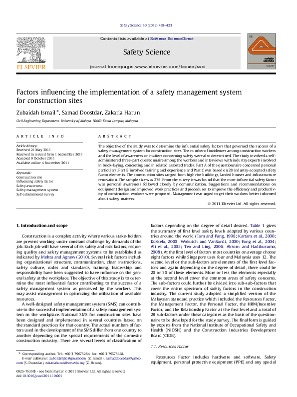 (PDF) Factors influencing the implementation of a safety management ...