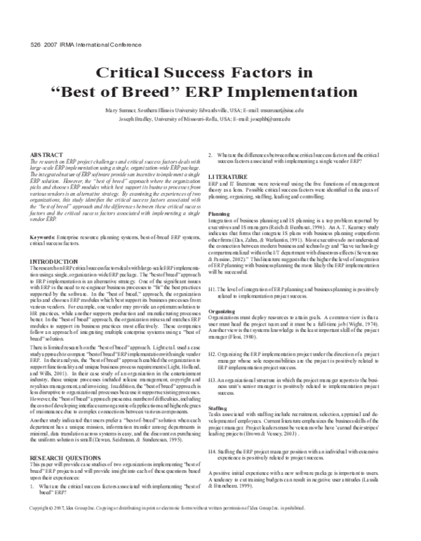 (PDF) Critical Success Factors in “Best of Breed” ERP Implementation