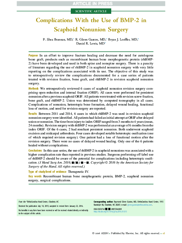 (PDF) Complications with the Use of BMP-2 in Scaphoid Nonunion Surgery