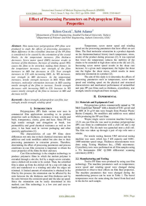 (PDF) Effect of Processing Parameters on Polypropylene Film Properties
