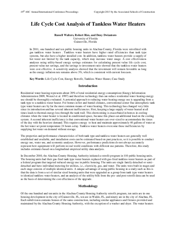 (PDF) Life Cycle Cost Analysis of Tankless Water Heaters Robert Ries