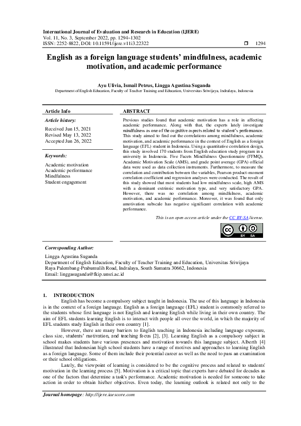 (PDF) English as a foreign language students’ mindfulness, academic ...