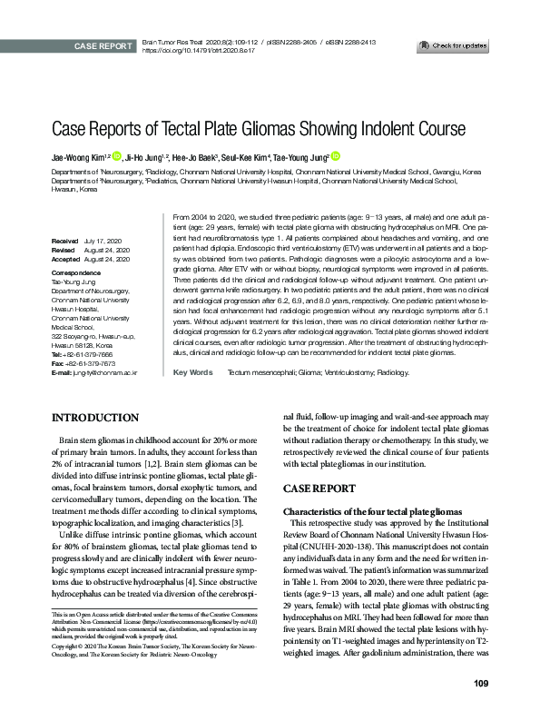 (PDF) Case Reports of Tectal Plate Gliomas Showing Indolent Course Ji