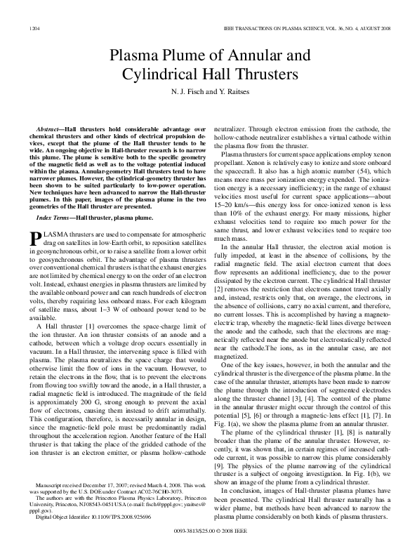 (PDF) Plasma Plume of Annular and Cylindrical Hall Thrusters