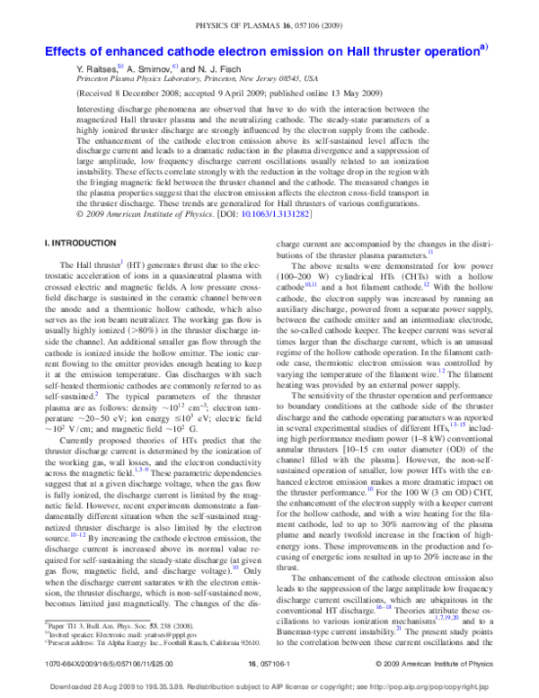 (PDF) Effects of enhanced cathode electron emission on Hall thruster ...