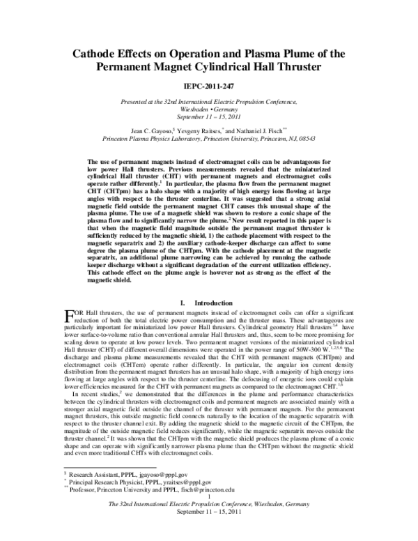 (PDF) Cathode Effects on Operation and Plasma Plume of the Permanent ...