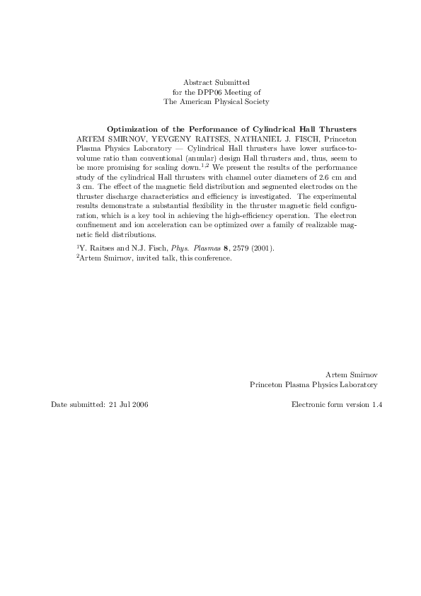 (PDF) Optimization of the Performance of Cylindrical Hall Thrusters