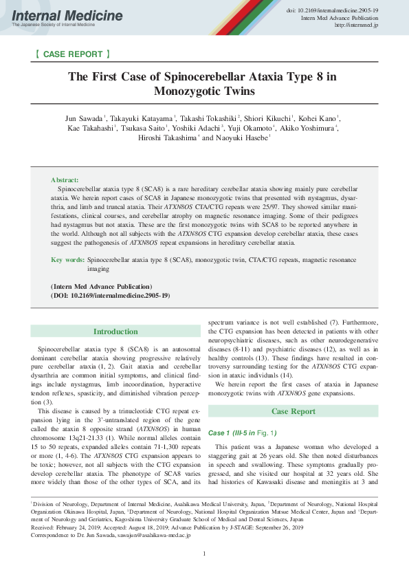(PDF) The First Case of Spinocerebellar Ataxia Type 8 in Monozygotic Twins