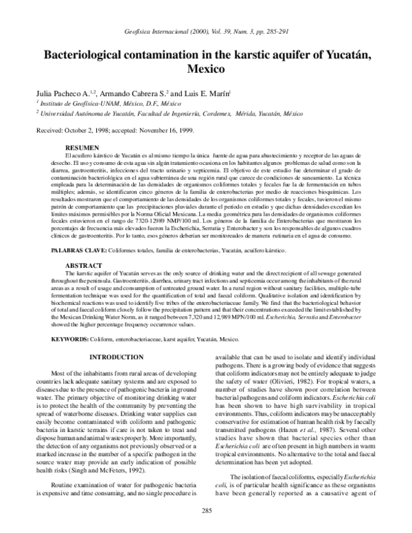 (PDF) Bacteriological contamination in the karstic aquifer of Yucatán