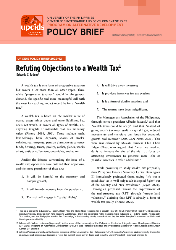 (PDF) Refuting Objections to a Wealth Tax 1