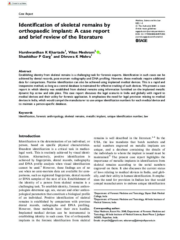(PDF) Identification of skeletal remains by orthopaedic implant: A case ...