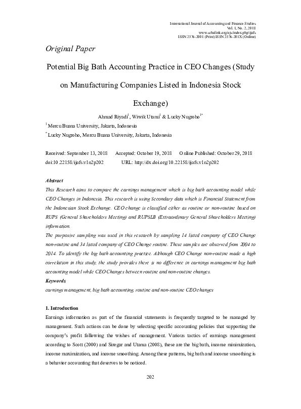 (PDF) Potential Big Bath Accounting Practice in CEO Changes (Study on