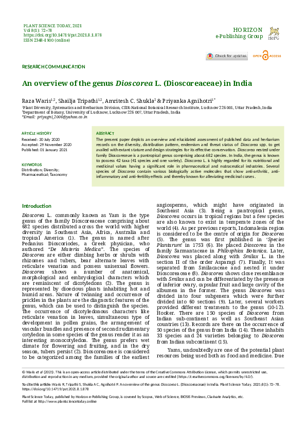 (PDF) An overview of the genus Dioscorea L. (Dioscoreaceae) in India