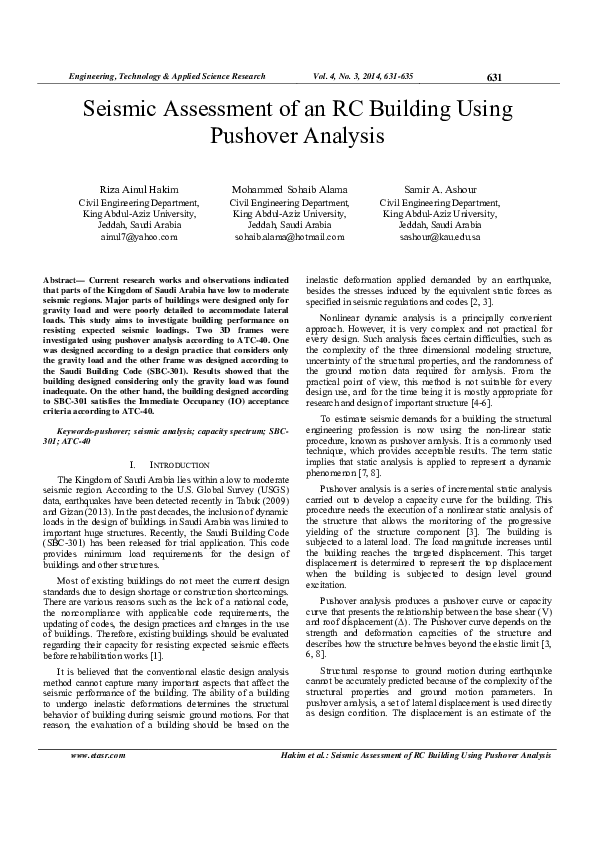 (PDF) Seismic Assessment of an RC Building Using Pushover Analysis