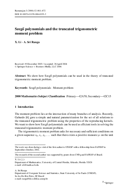 (PDF) Szegő polynomials and the truncated trigonometric moment problem