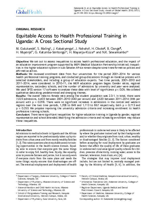 (PDF) Equitable Access to Health Professional Training in Uganda: A ...