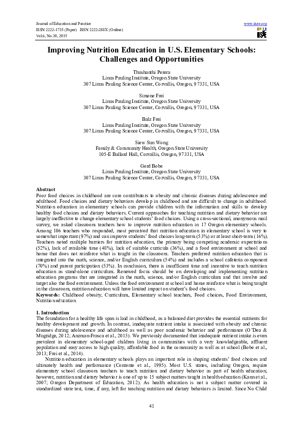 (PDF) Improving Nutrition Education in U.S. Elementary Schools ...