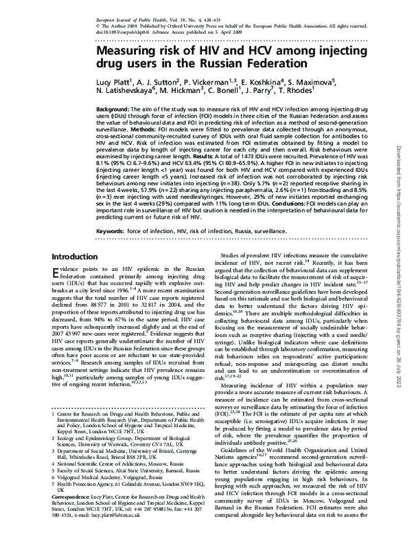 (PDF) Measuring risk of HIV and HCV among injecting drug users in the ...