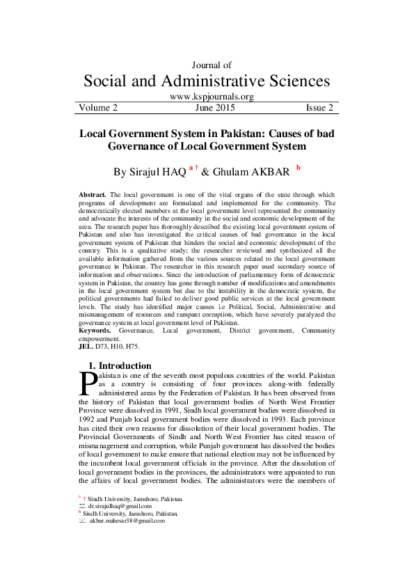 (PDF) Local Government System in Pakistan: Causes of bad Governance of ...