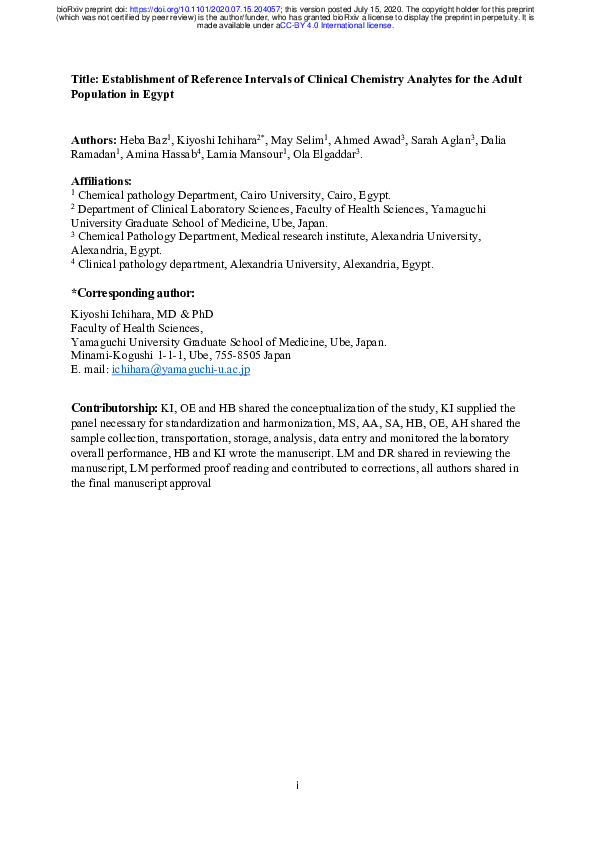 (PDF) Establishment of Reference Intervals of Clinical Chemistry ...
