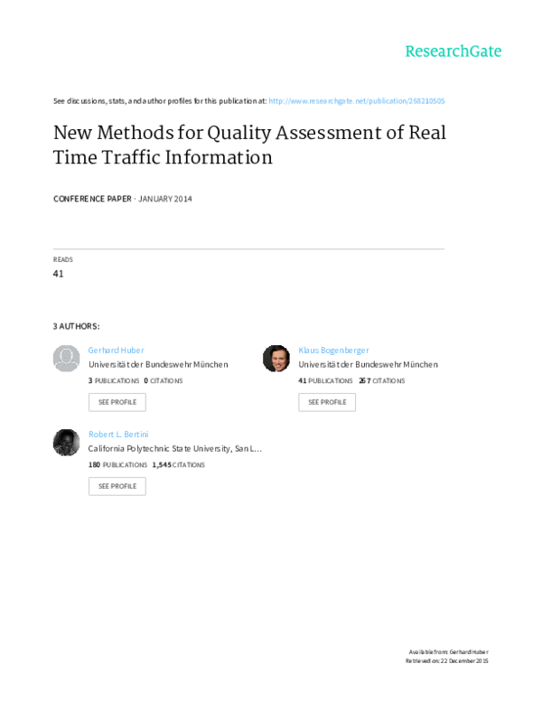 (PDF) New Methods for Quality Assessment of Real Time Traffic Information