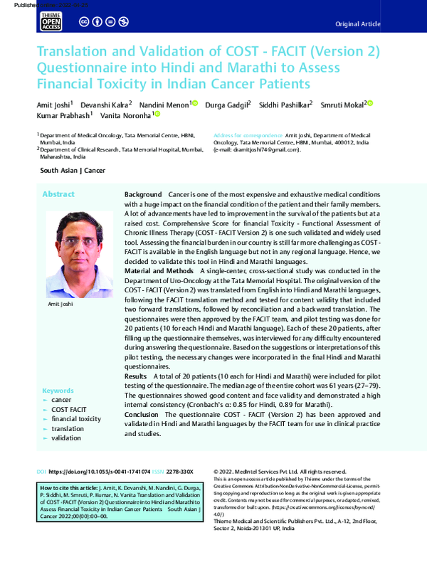 (PDF) Translation and Validation of COST FACIT (Version 2