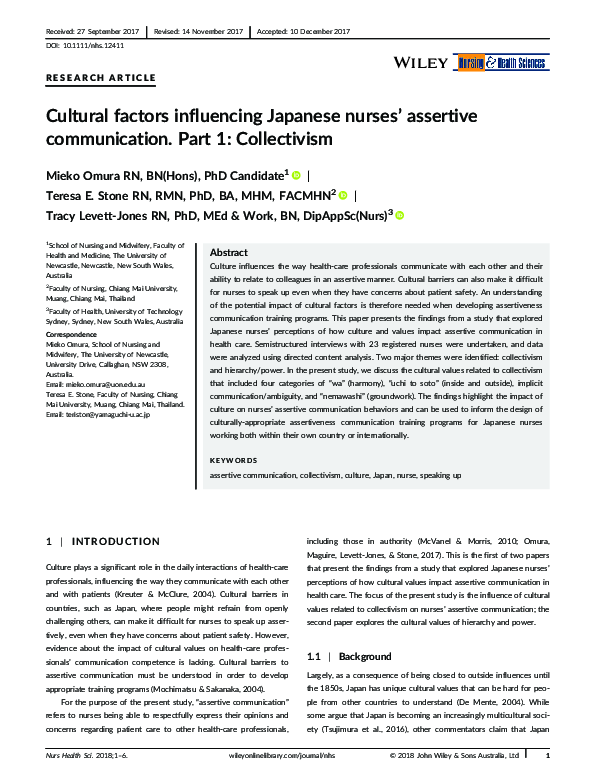 Pdf Cultural Factors Influencing Japanese Nurses Assertive Communication Part 2 Hierarchy Pdf Cultural Factors Influencing Japanese Nurses Assertive Communication Part 2 Hierarchy