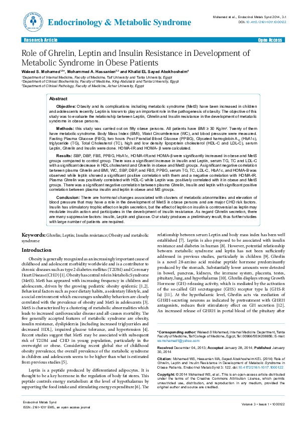 (PDF) Role of Ghrelin, Leptin and Insulin Resistance in Development of ...