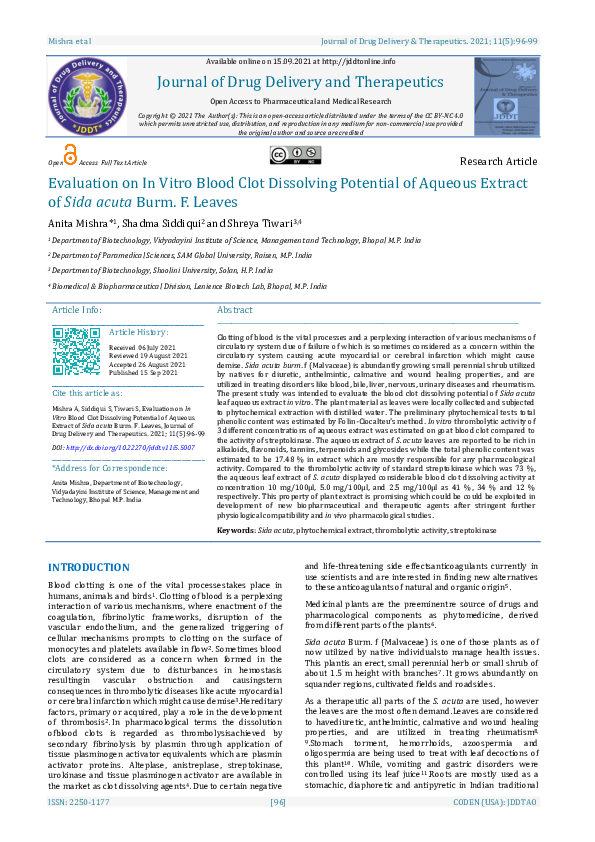 (PDF) Evaluation on In Vitro Blood Clot Dissolving Potential of Aqueous ...