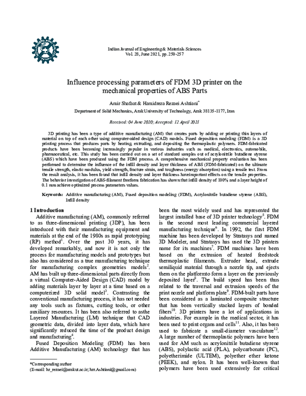 (PDF) Influence processing parameters of FDM 3D printer on the ...