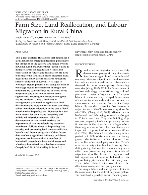 (PDF) Farm Size, Land Reallocation, and Labour Migration in Rural China