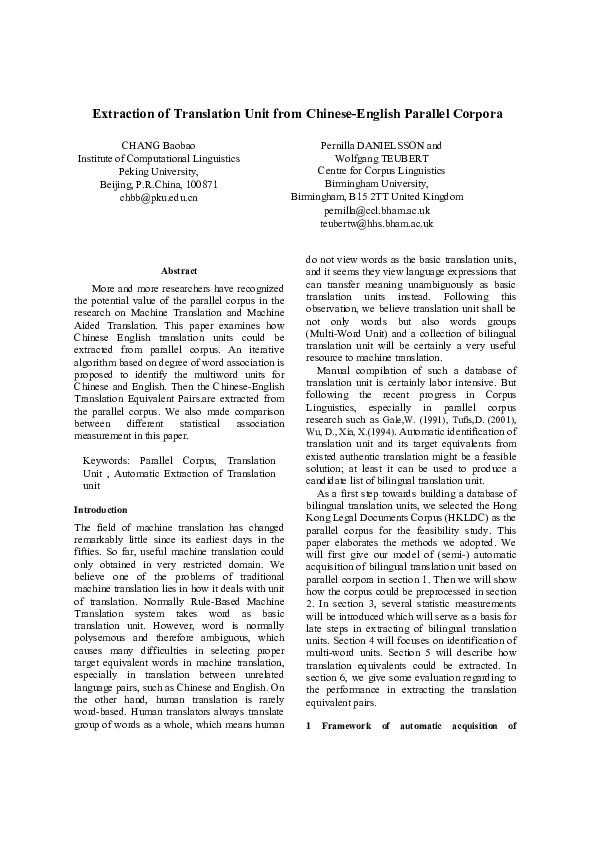 (PDF) Extraction of translation unit from Chinese-English parallel corpora
