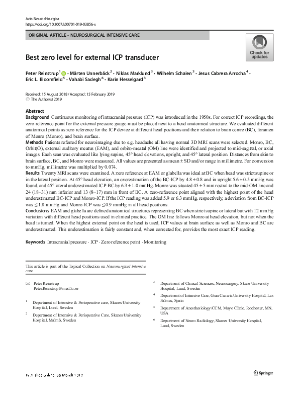 (PDF) Best zero level for external ICP transducer Niklas Marklund