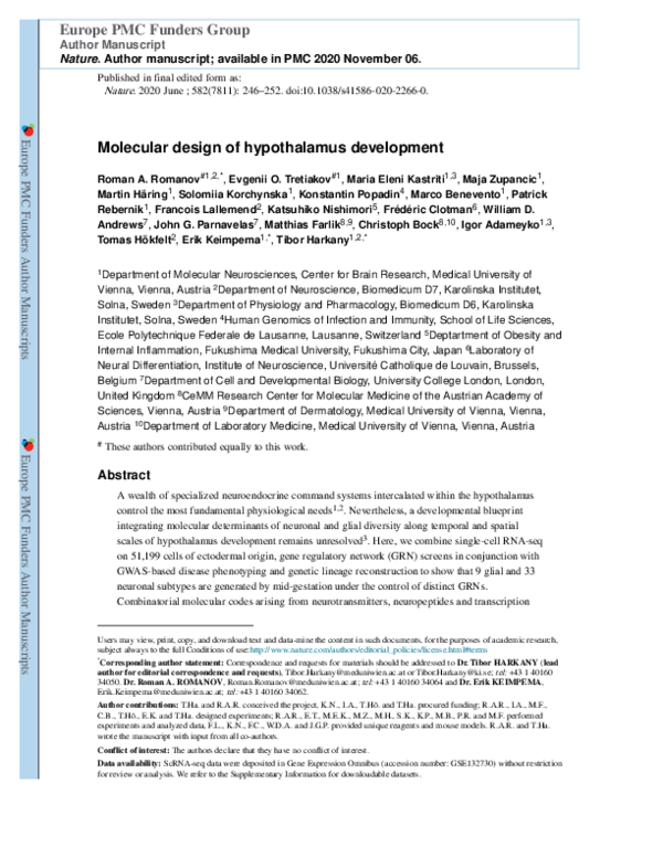 (PDF) Molecular design of hypothalamus development