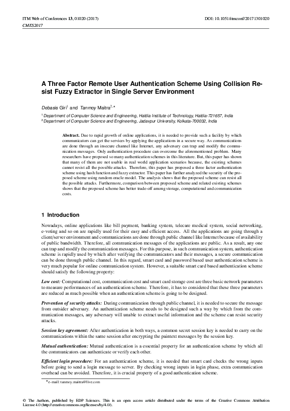 (PDF) A Three Factor Remote User Authentication Scheme Using Collision ...