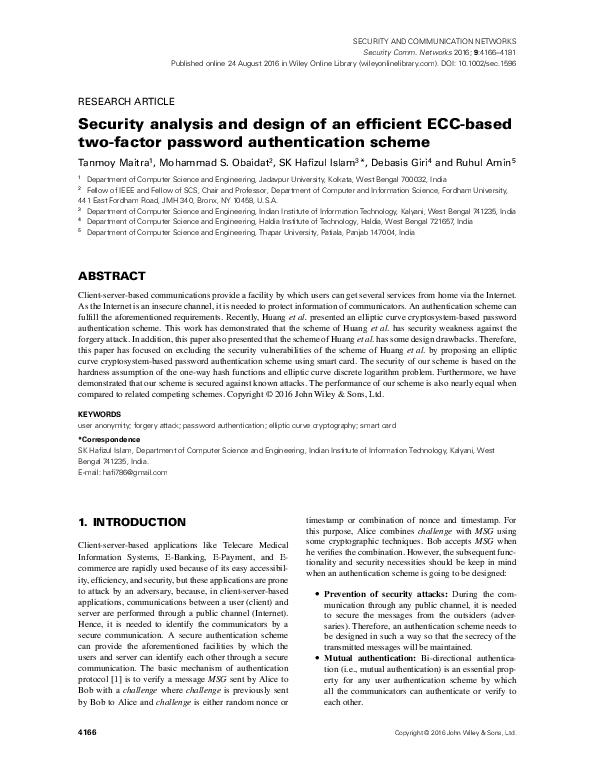 (PDF) Security analysis and design of an efficient ECC-based two-factor ...