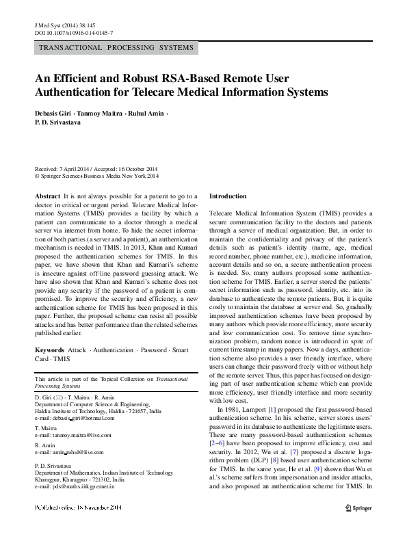 (PDF) An efficient and robust RSA-based remote user authentication for ...
