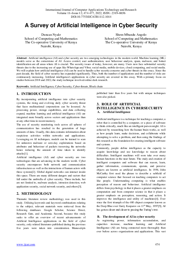 (PDF) A Survey of Artificial Intelligence in Cyber Security