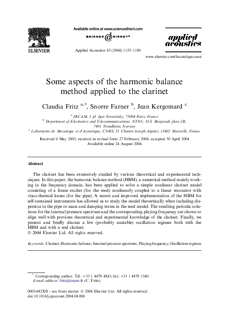 (PDF) Some aspects of the harmonic balance method applied to the clarinet