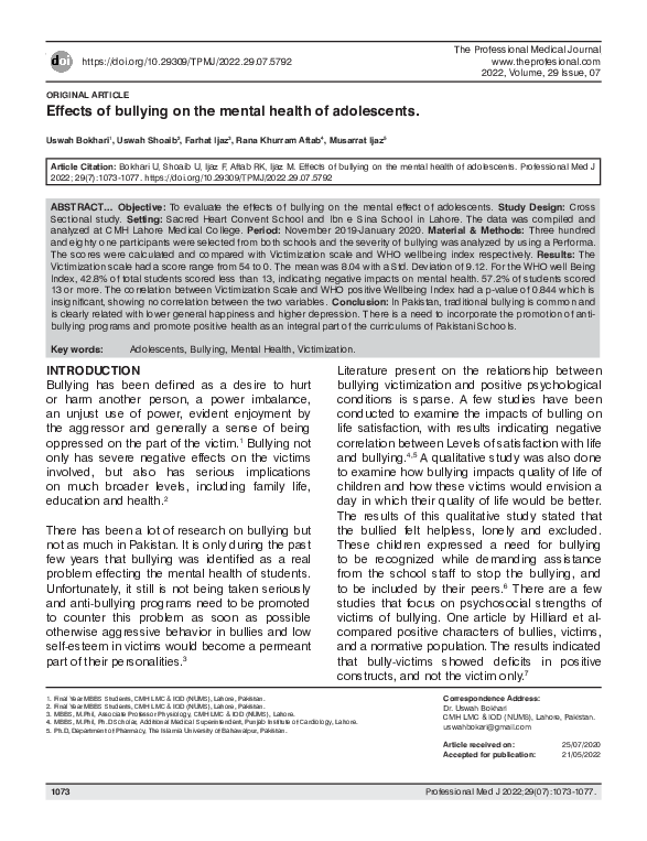 (PDF) Effects of bullying on the mental health of adolescents
