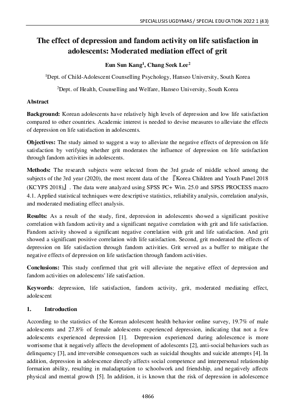 (PDF) The effect of depression and fandom activity on life satisfaction ...