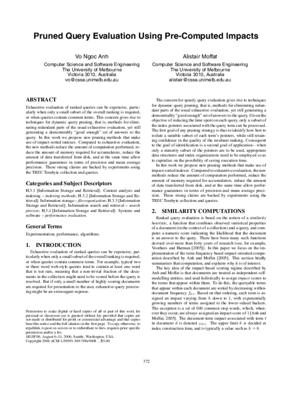 (PDF) Pruned query evaluation using pre-computed impacts