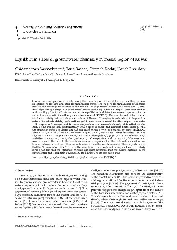 (PDF) Equilibrium states of groundwater chemistry in coastal region of ...