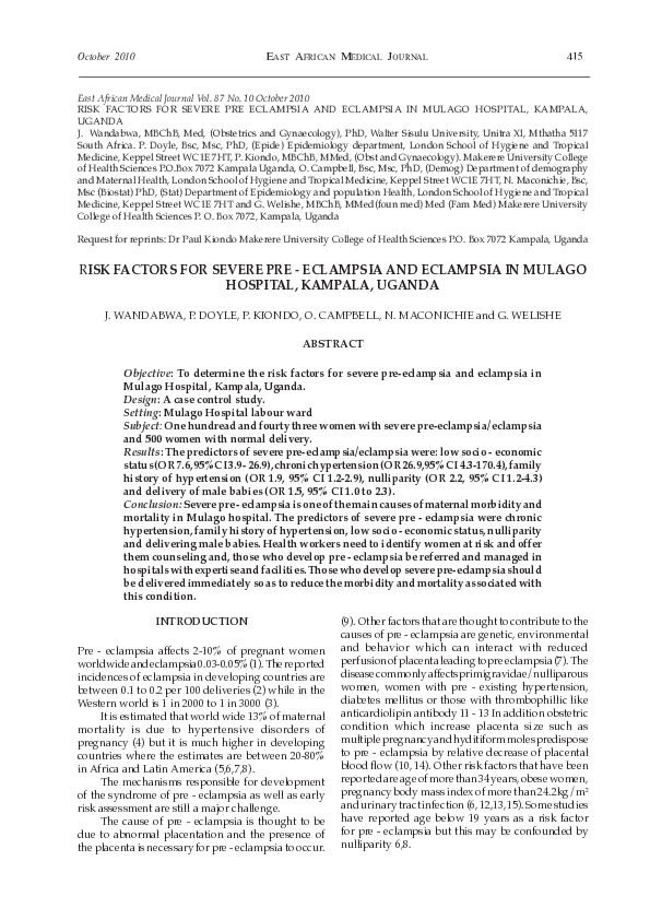 (PDF) Risk factors for severe pre-eclampsia and eclamsia in Mulago ...